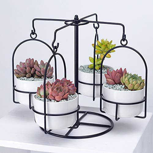 Flower Pot Stands Holder with 4 Succulent Plant Pots for Home Desktop Decor 